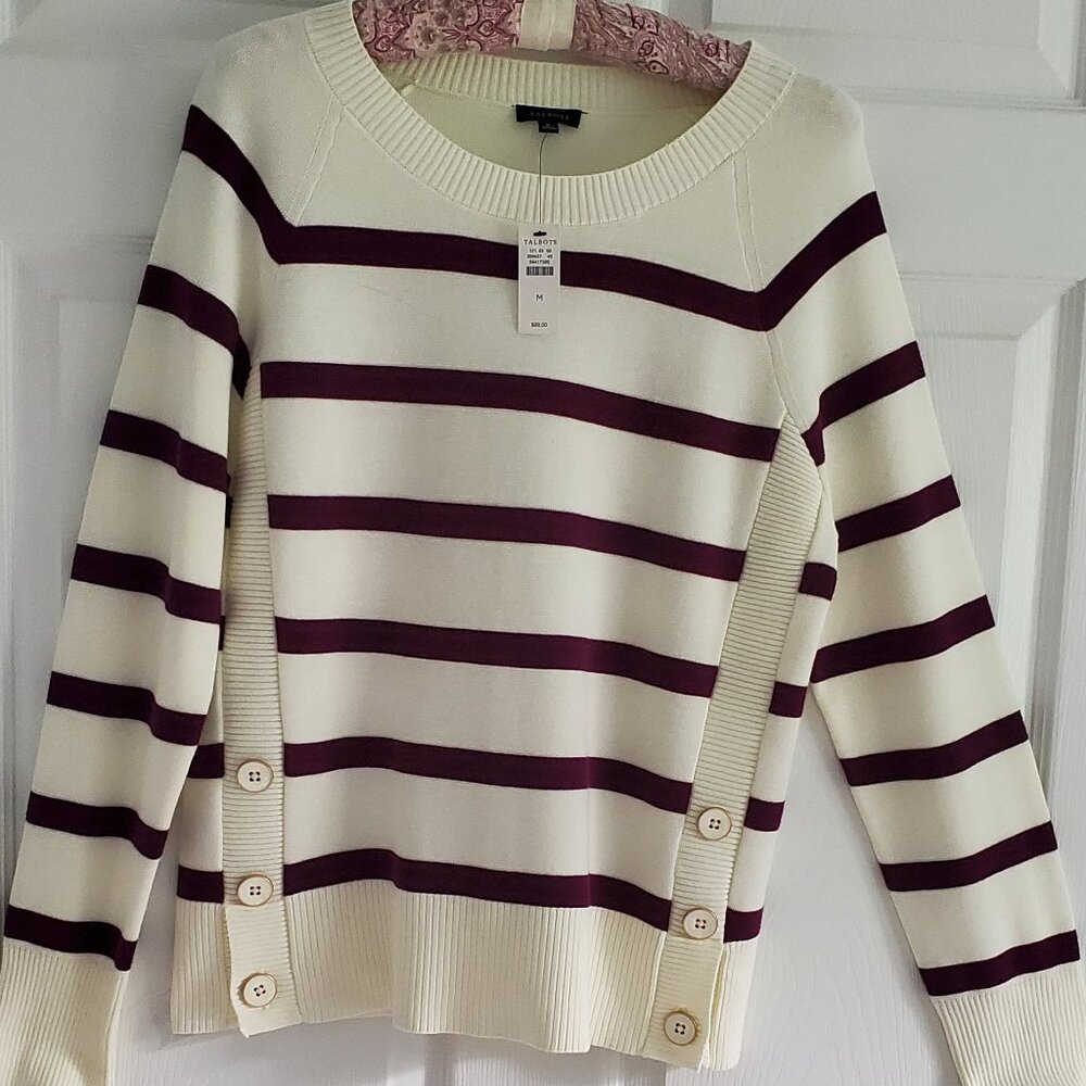 Talbots Dressy Top Size M, Off White with Aubergine Stripe, New W/Tags